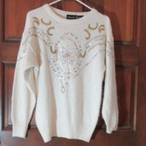 FANCY CREAM SWEATER SEQUINS BEADS Small UNO & UNA